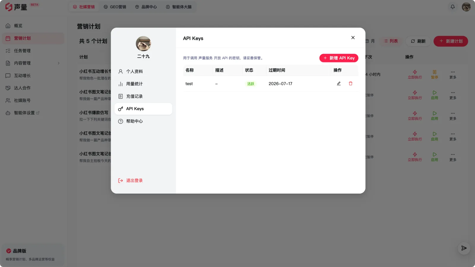 API Key 管理页面：创建与管理接入声量能力的密钥