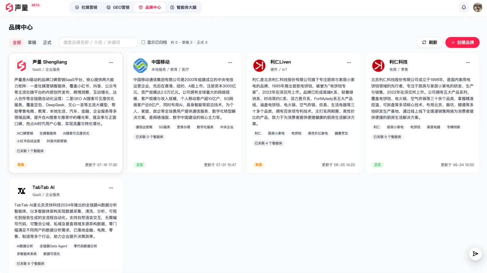 品牌中心：多品牌列表，每个品牌一套独立的资料与账号体系