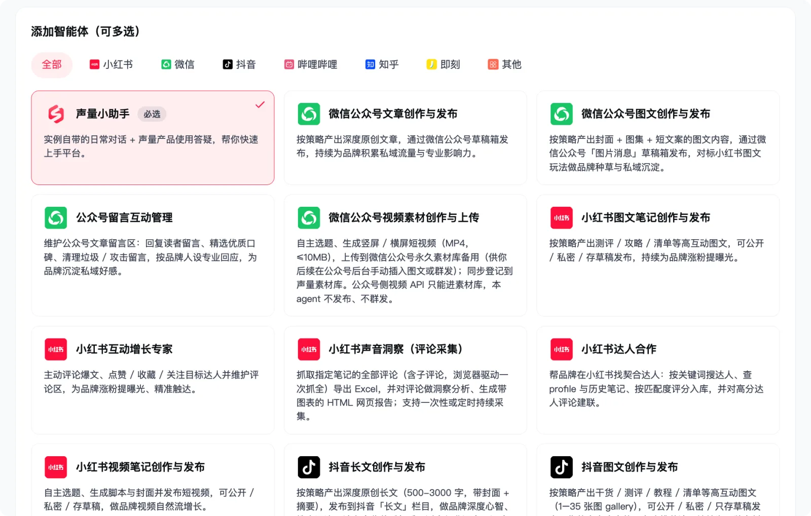常用小红书智能体模板一览：不同运营职责对应的模板卡片