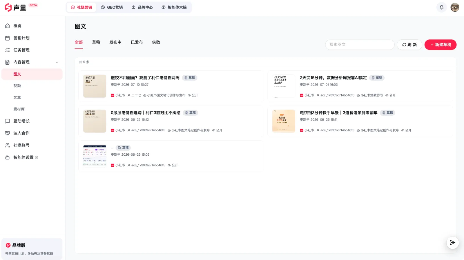 图文管理：查看智能体生成的图文或新建草稿