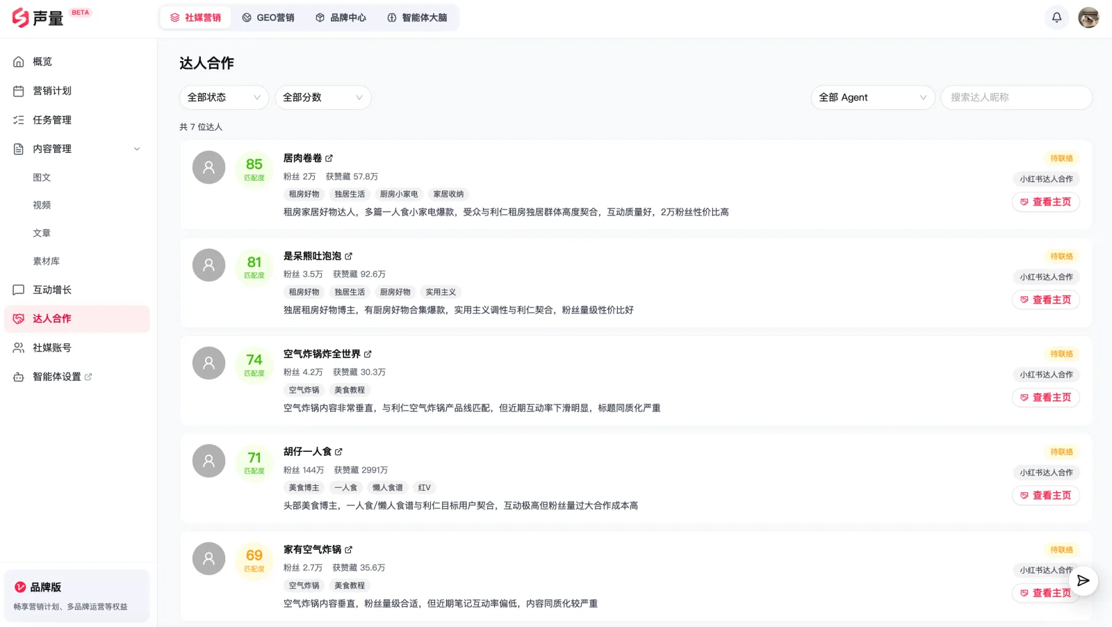 达人合作：按关键词搜索达人并给出匹配分与匹配理由